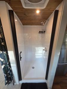 a shower stall in a bathroom with a toilet at Lazy T Cabins - The Skoolie in Robbinsville