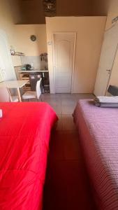 a room with two beds with red sheets and a kitchen at Casa Choique in Villa El Chocón