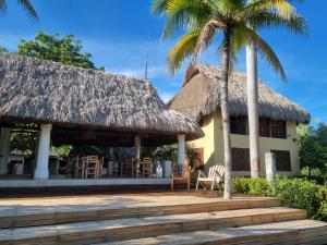 a resort with a thatched roof and a palm tree at Hostal nido tortuga in San Antero