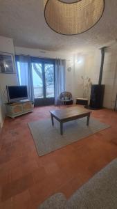 a living room with a coffee table and a tv at Le logis troglodyte in Loches