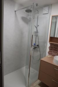 a shower with a glass door in a bathroom at Chambre, entrée indépendante, SDB privée in Cugand