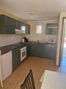a kitchen with green cabinets and a wooden floor at Gîte au coeur du pays dinannais in Plumaudan