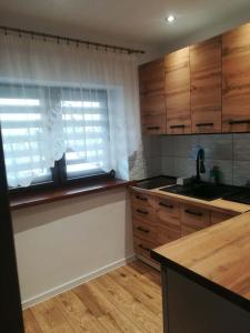 a kitchen with wooden cabinets and a sink and a window at Chatka Czesia in Sosnówka