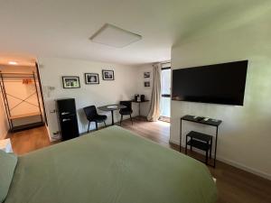 a hotel room with a bed and a flat screen tv at B&B Del Paradiso in Bergamo