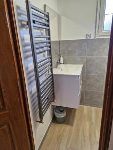 a bathroom with a white sink and a mirror at Gîte au coeur du pays dinannais in Plumaudan +4 photos