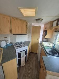 a small kitchen with a stove and a sink at Jams Caravan in Skegness