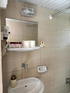 a bathroom with a sink and a toilet and a mirror at Kuba pansiyon in Side