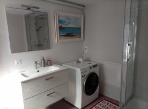 a bathroom with a sink and a washing machine at Pratofiorito Apartment in Caslano
