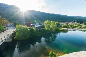 a river with a bridge and people in the water at Riverside Lim in Plav