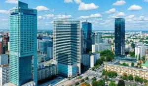 an aerial view of a city with tall buildings at Śliska Residence in Warsaw