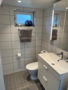 a bathroom with a toilet and a sink and a mirror at Granat's Gästehouse in Höllviken +20 photos