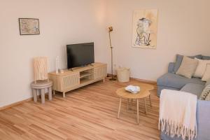 a living room with a blue couch and a tv at Wald & Weg in Schmallenberg