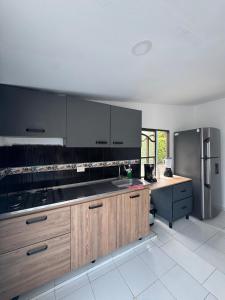 a kitchen with wooden cabinets and a stainless steel refrigerator at Casa con PISCINA PRIVADA Cielito in Flandes