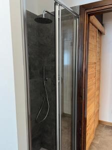 a shower with a glass door in a bathroom at Le Grange Apartments - Direct Ski Access in Sauze dʼOulx +22 photos