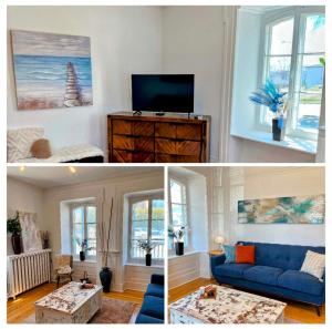 a living room with a blue couch and a tv at Maison meublée et équipée, clé en main pour séjours 31 jours et plus! in Quebec City