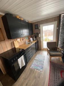 a small kitchen with a stove and a sink at Golsfjellet in Gol