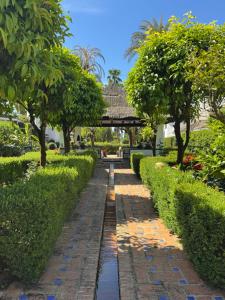a walkway in a park with trees and bushes at Anais Marbella in Marbella