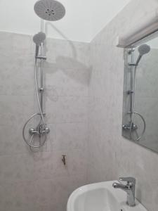 a bathroom with a shower with a sink and a mirror at Maison Sakeena in Saint-Louis +13 photos
