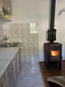 a kitchen with a wood stove in a room at Guesthouse Idea in Vusanje +24 photos