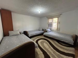 a room with two beds and a rug at Guesthouse Idea in Vusanje
