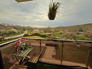 a balcony with a bench and a potted plant at Nelly's Place 27 in Shkorpilovtsi