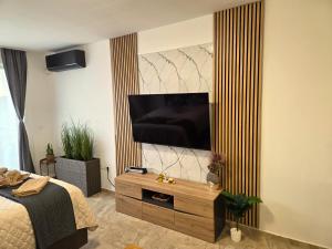 a bedroom with a flat screen tv on a wall at Nelly's Place 27 in Shkorpilovtsi