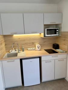 a kitchen with white cabinets and a sink and a microwave at Studio cosy à Molsheim Calme, centre-ville et accès Strasbourg in Molsheim