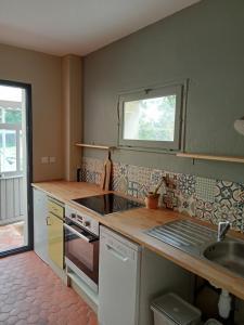 a kitchen with a sink and a stove top oven at Gite du Vidame in Montsoreau