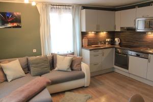 a living room with a couch and a kitchen at Apartments Gamsfeld in Russbach am Pass Gschütt