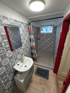 a small bathroom with a sink and a shower at Chaty Kašperské Hory in Kašperské Hory