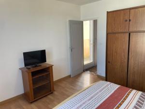 a bedroom with a bed and a tv on a wooden cabinet at Maison charmante in Le Mans