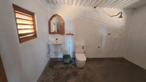 a bathroom with a toilet and a sink and a window at Happy Hippy Beach Cabanas Peanut Farm in Panama