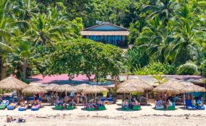 a beach with chairs and straw umbrellas and palm trees at Red Frog Bungalows Ocean Resort in Short Cut