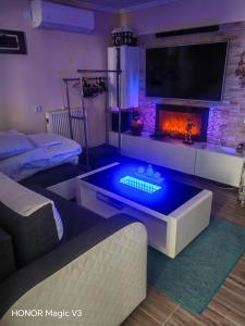 a living room with a couch and a fireplace at Lacrima del Mare in Zalaegerszeg