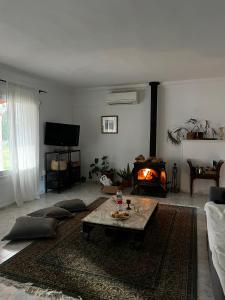 a living room with a couch and a fire place at Villa en Llucmajor, Es Lluch in Llucmajor