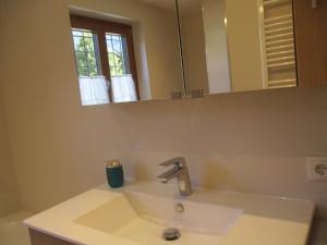 a bathroom with a sink and a mirror at Gartenwohnung Mandl Garten Sauna Hot Pot Pool in Maishofen +32 photos