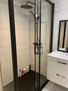 a shower with a glass door next to a sink at Chambres d hôtes H in Lavelanet +39 photos