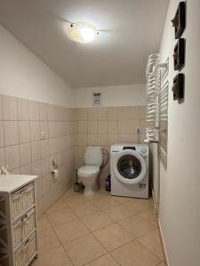 a bathroom with a washing machine and a toilet at Studio dwupokojowe z łazienką i kuchnią in Augustów +10 photos
