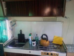 a kitchen with a stove with a tea kettle on it at Yupfssi camp in Riga