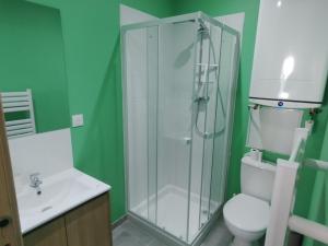 a bathroom with a shower and a toilet and a sink at L'escale in Mers-les-Bains