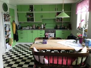 a kitchen with green cabinets and a wooden table at Høgberget Loft with 3 bedrooms and private bathroom in Skotten