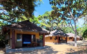 a small house with thatched roofs in a yard at Happy Hippy Beach Cabanas Peanut Farm in Panama