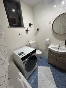 a bathroom with a tv and a toilet and a sink at AS Apartment Free Parking and Peaceful Nature near Ljubljana in Škofljica +20 photos