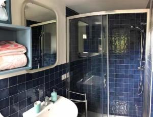 a blue tiled bathroom with a sink and a shower at Casa Sirolli in Archi