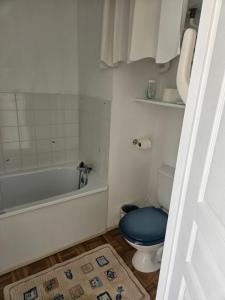 a bathroom with a blue toilet and a bath tub at Port Dienville in Montfort-lʼAmaury