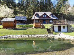 ein Haus mit einem Teich davor in der Unterkunft Casa Grosu in Preluca