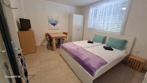a bedroom with a bed and a table with a television at B&B Lostallo Beat and Bloom in Lostallo