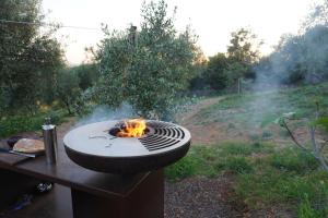 a barbecue grill with a fire in a field at Cosmo Camp in Montepescali
