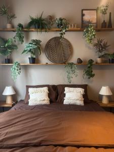 a bedroom with a bed with plants on shelves at Expérience Balinaise à Amiens in Amiens