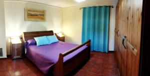 a bedroom with a bed with purple sheets and a blue curtain at Casa rural Cavila in Pliego +15 photos